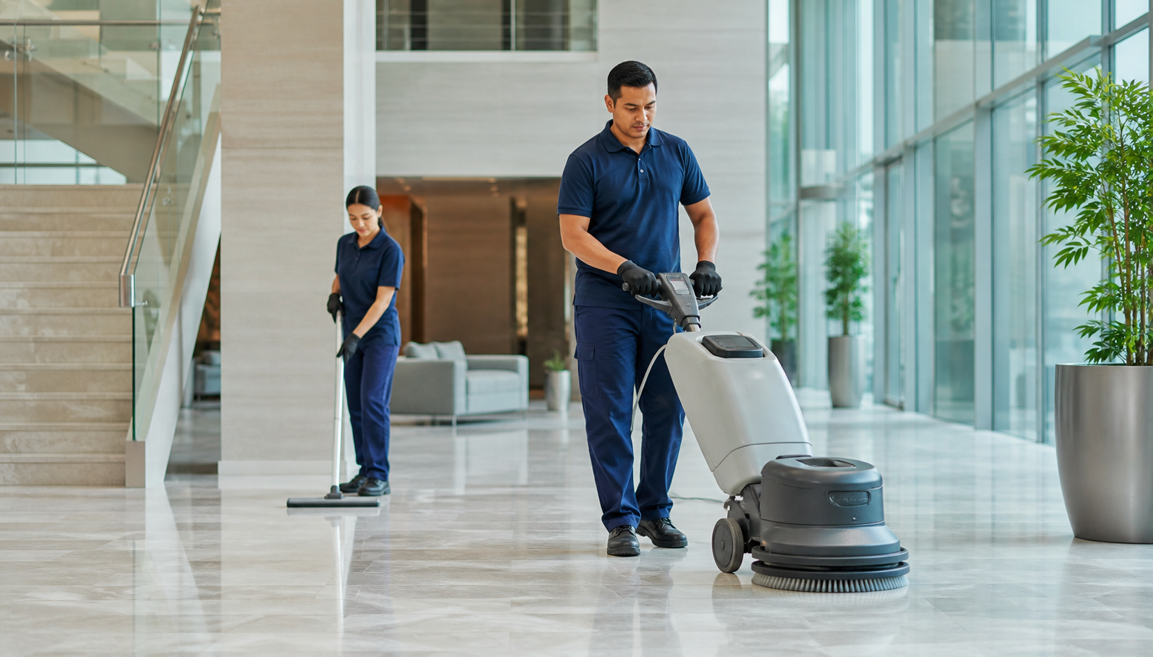 Professional cleaners maintaining a modern commercial lobby