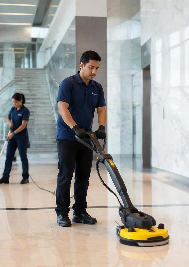 Professional cleaning team in a modern building