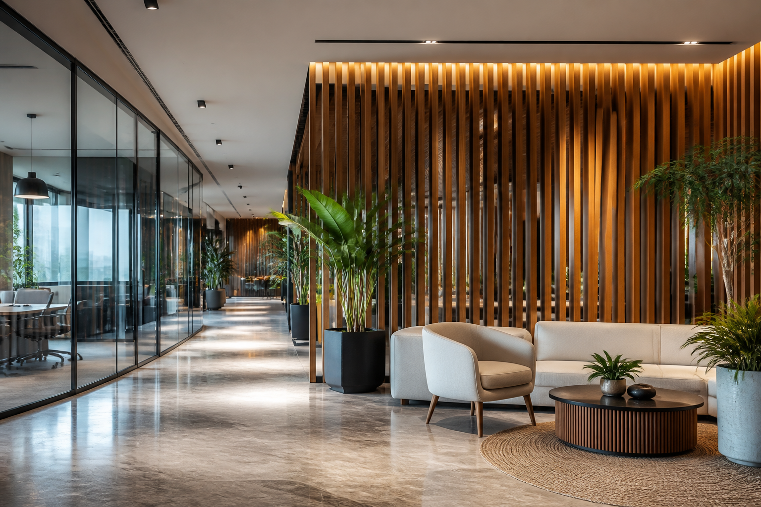 Modern commercial interior with timber feature wall and lounge seating
