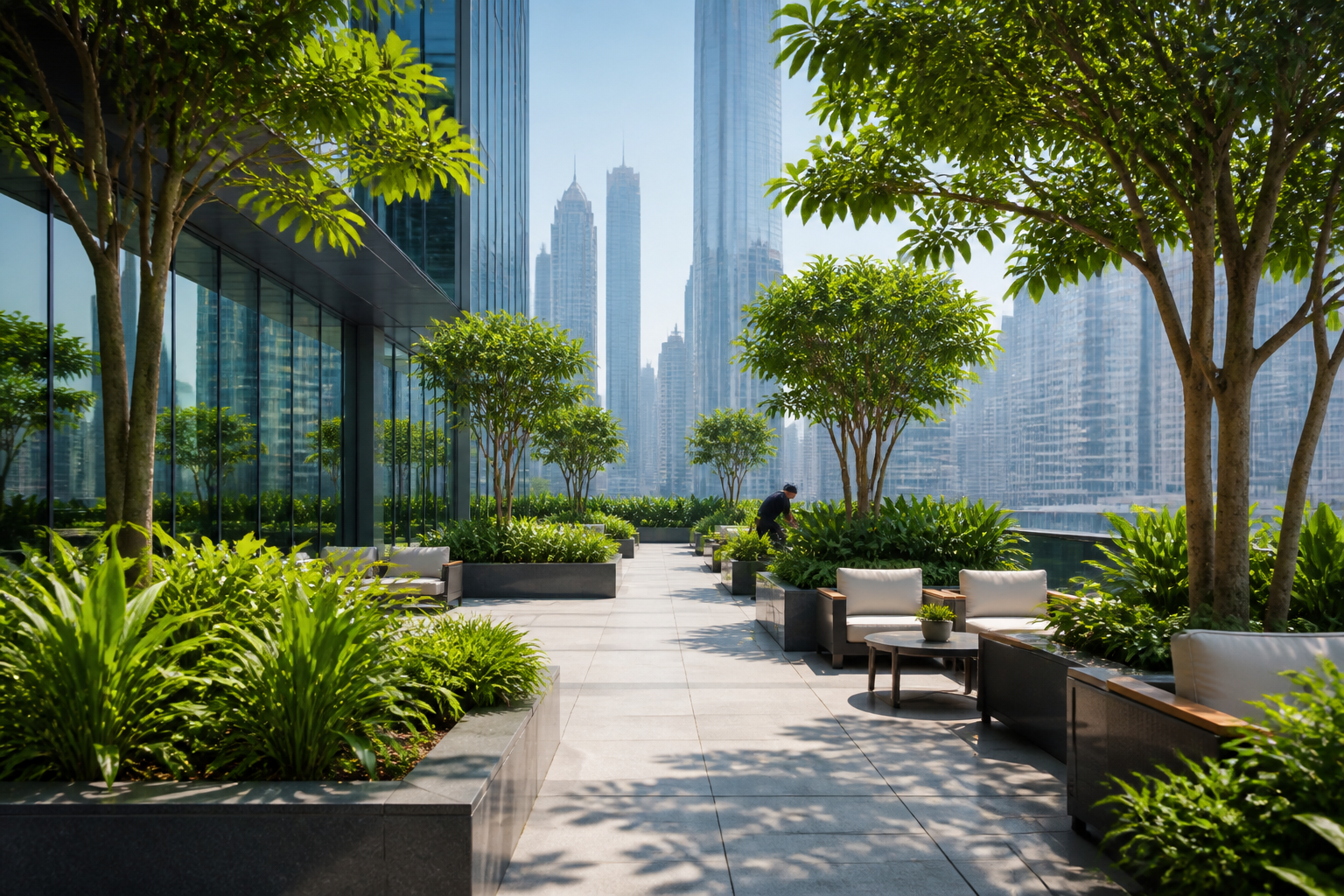 Landscaped commercial terrace with healthy greenery and modern towers