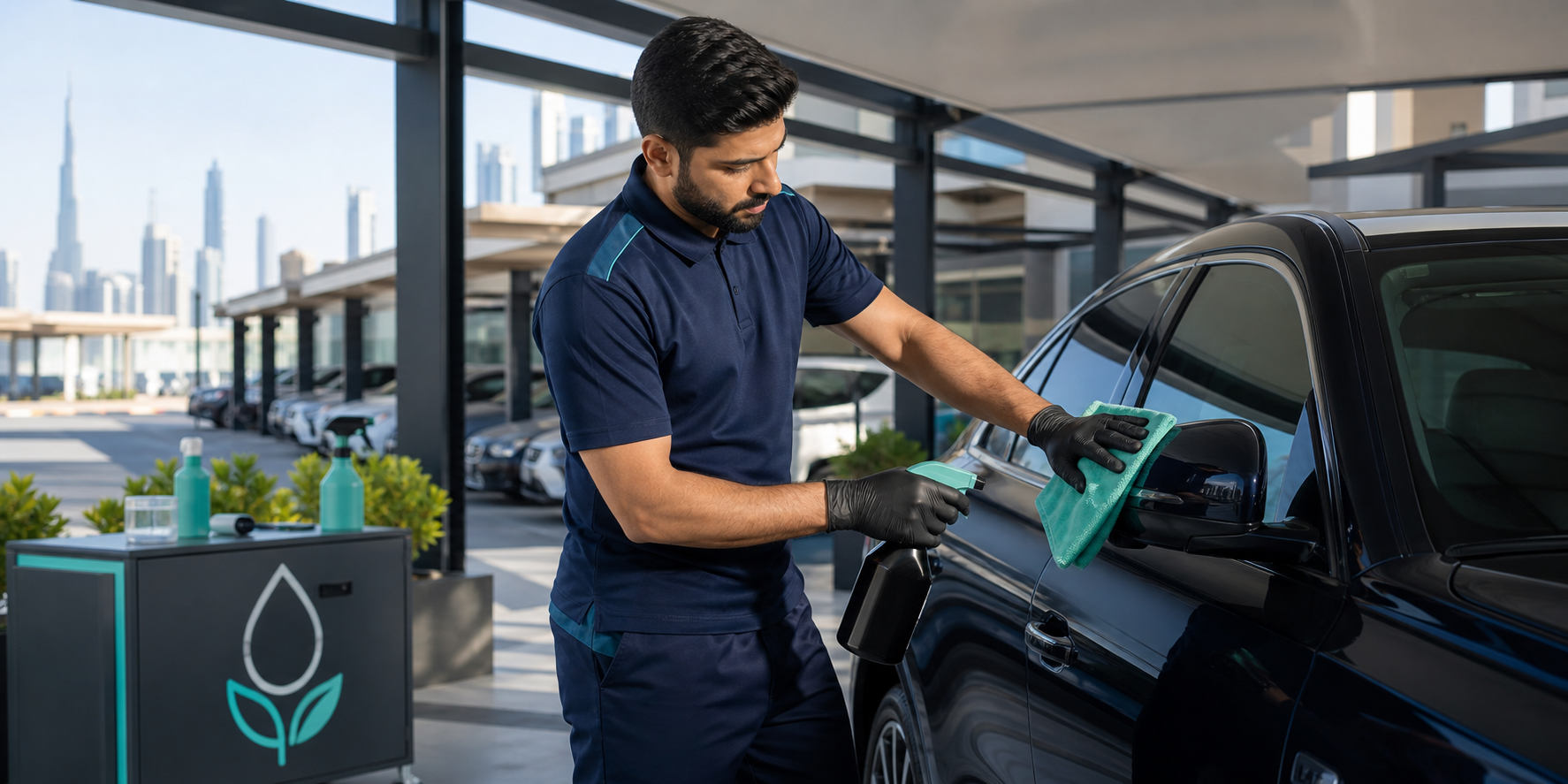 Professional low-water car wash service in a modern covered car park
